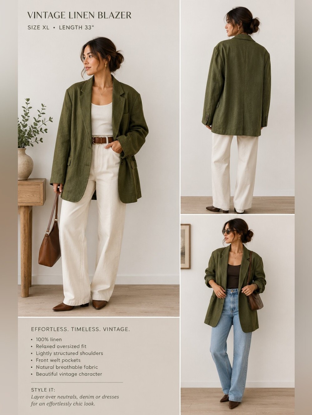 Vintage GAP 90s Oversized Olive Green 100% Linen Blazer Jacket XL